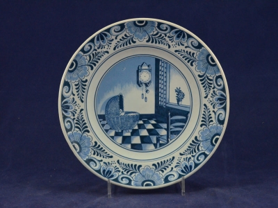 Delfts Blauw geboortebord wiegje klok, geboortebord, Birth Plate, Geburtsteller, Plat de naissance